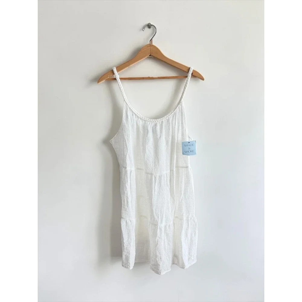 Shade & Shore Womens White Tiered Swim Cover-Up Dress Braided Straps Size Medium